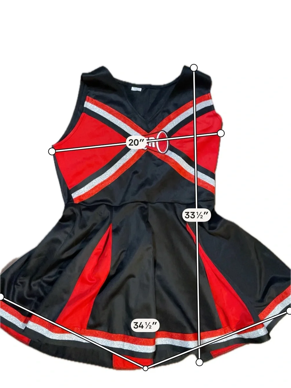 Spirit Halloween Cheerleader Costume Dress Red Black Silver CHEER Megaphone Y2K
